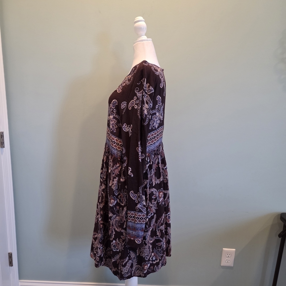 Knox Rose XL Boho Paisley Print Long Sleeve Shift Dress Brown Blue - Picture 4 of 14